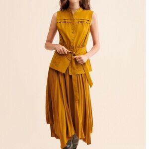 Anthropologie Mustard Sleeveless Midi Dress with Waist Tie